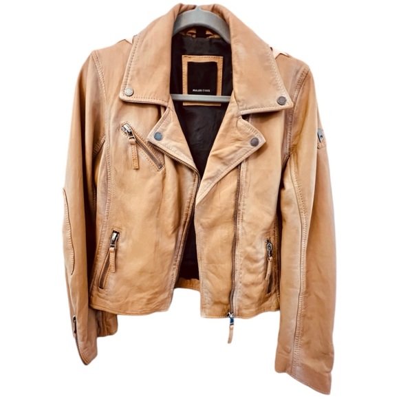 NWOT MARITIUS CHRISTY STAR MOTO LEATHER JACKET IN CARAMEL AND TAN BLUSH - Picture 3 of 15
